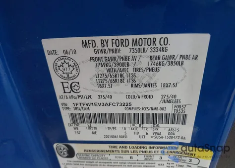 2010 Ford F-150 Fx4/Harley-Davidson/King Ranch/Lariat/Platinum/Xl/Xlt from USA, damaged, VIN 1FTFW1EV3AFC73225
